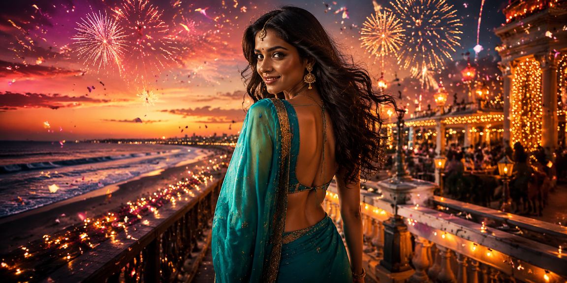 Indian woman enjoying casino cashback bonus on mobile in Chennai beach